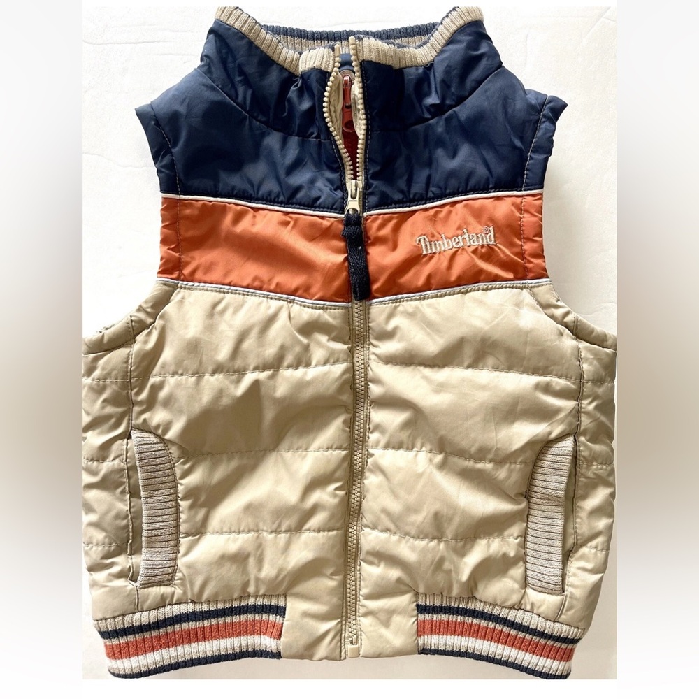 Timberland Vest Boy’s Navy Orange Puffer Wide Stripe Pockets Size 24 Months
